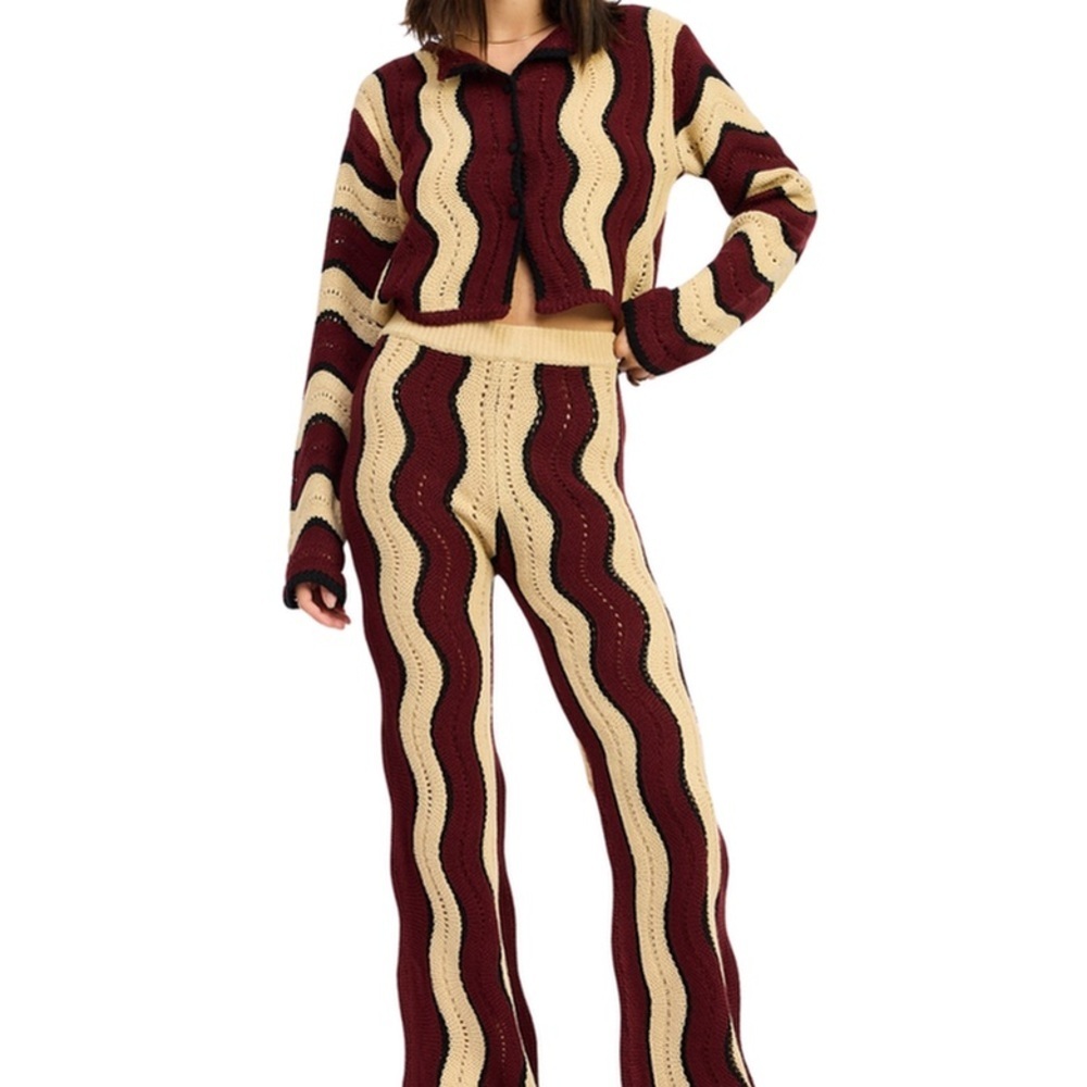 Emory Park Burgundy Cream Crochet Knit Cardigan Wide Leg Pants Set VGUC